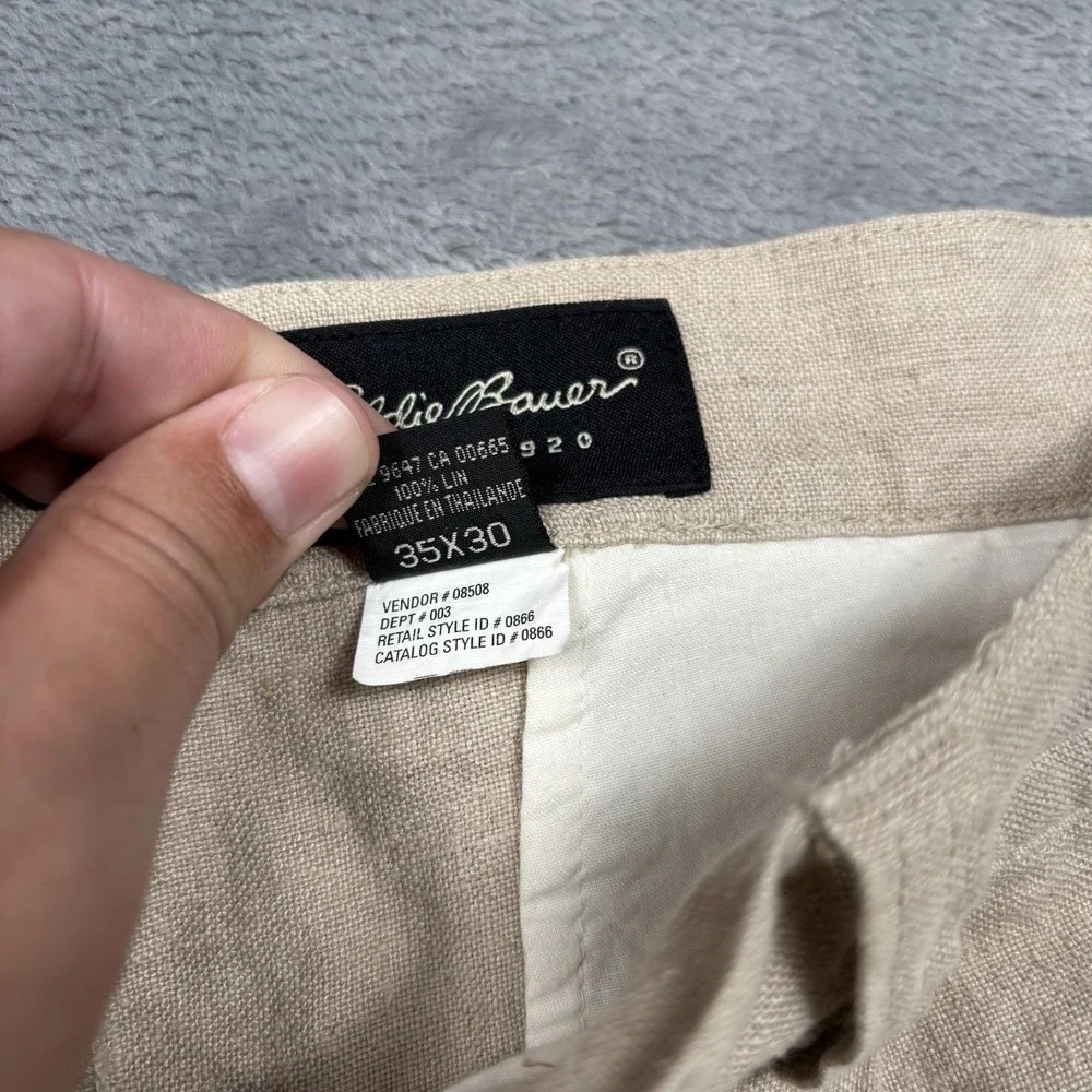 Eddie Bauer 100% Linen Pants Men's 35x32 Beige Pleated Chino Coastal Old Money